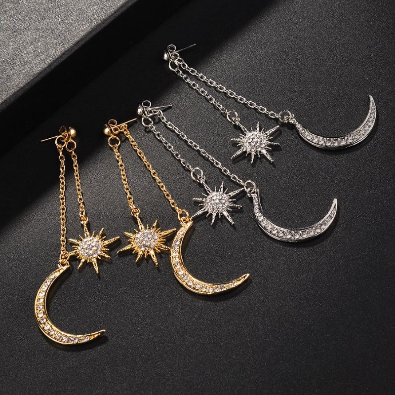 Bohemian Style Full Strass Ohrringe Shiny Moon Star Long Ear Drop Ohrring Für Damen