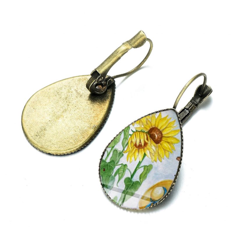 Bohemian Sun Flower Print Ohrringe Wassertropfenform Sunflower Gem Mount Ohrhaken Frauen Schmuck Geschenke