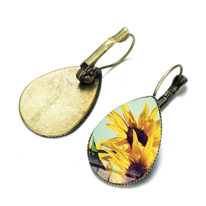 Bohemian Sun Flower Print Ohrringe Wassertropfenform Sunflower Gem Mount Ohrhaken Frauen Schmuck Geschenke