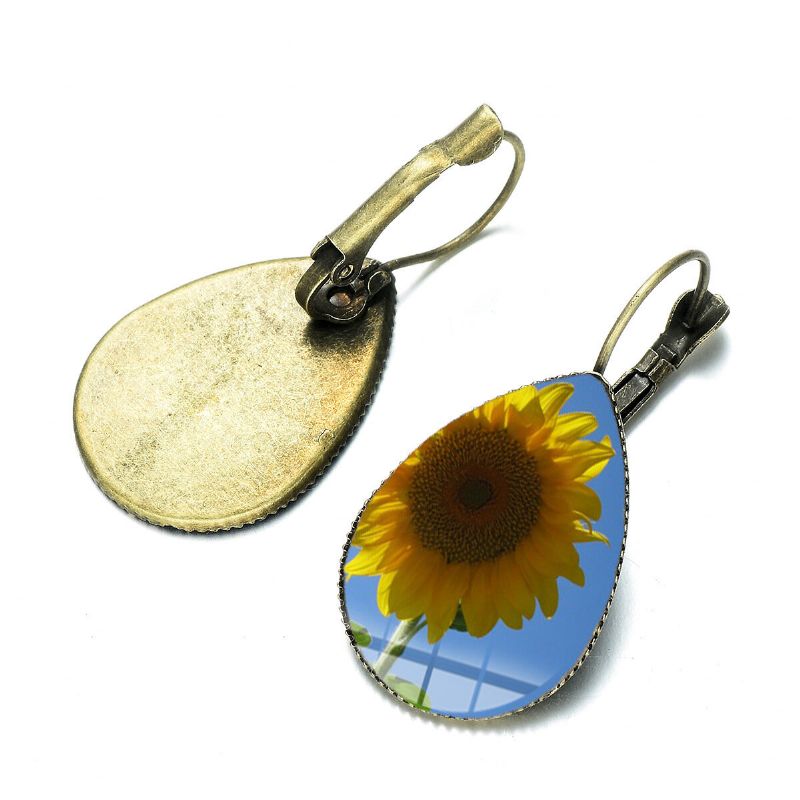 Bohemian Sun Flower Print Ohrringe Wassertropfenform Sunflower Gem Mount Ohrhaken Frauen Schmuck Geschenke