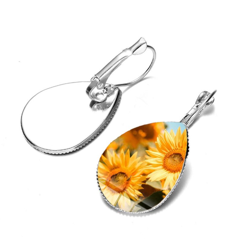 Bohemian Sun Flower Print Ohrringe Wassertropfenform Sunflower Gem Mount Ohrhaken Frauen Schmuck Geschenke