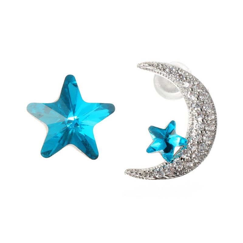 Einzigartiger Asymmetrischer Ohrstecker Luxus Micro Paved Zirconia Crystal Star Moon Piercing Ohrringe