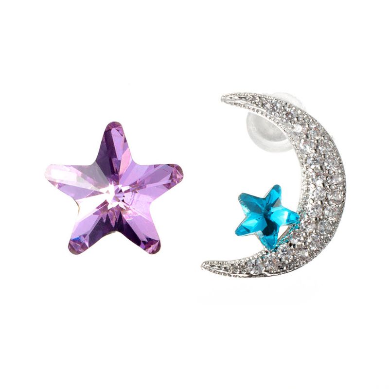 Einzigartiger Asymmetrischer Ohrstecker Luxus Micro Paved Zirconia Crystal Star Moon Piercing Ohrringe