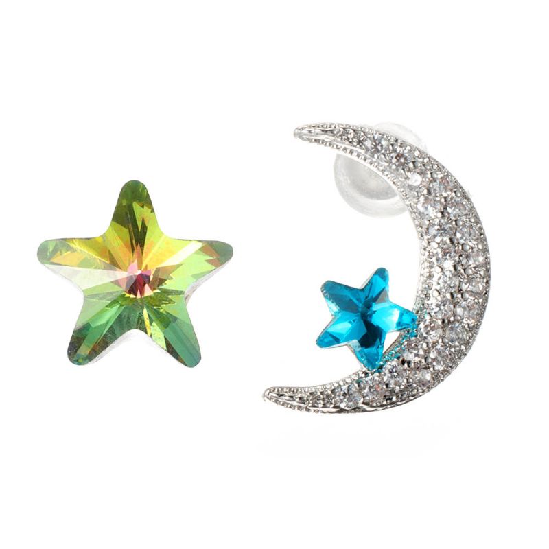 Einzigartiger Asymmetrischer Ohrstecker Luxus Micro Paved Zirconia Crystal Star Moon Piercing Ohrringe