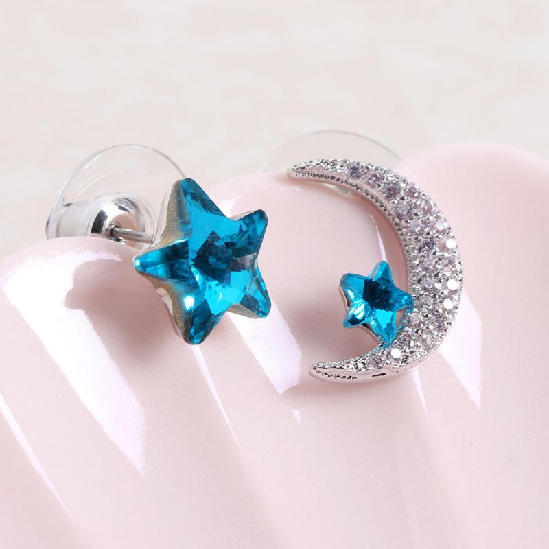 Einzigartiger Asymmetrischer Ohrstecker Luxus Micro Paved Zirconia Crystal Star Moon Piercing Ohrringe