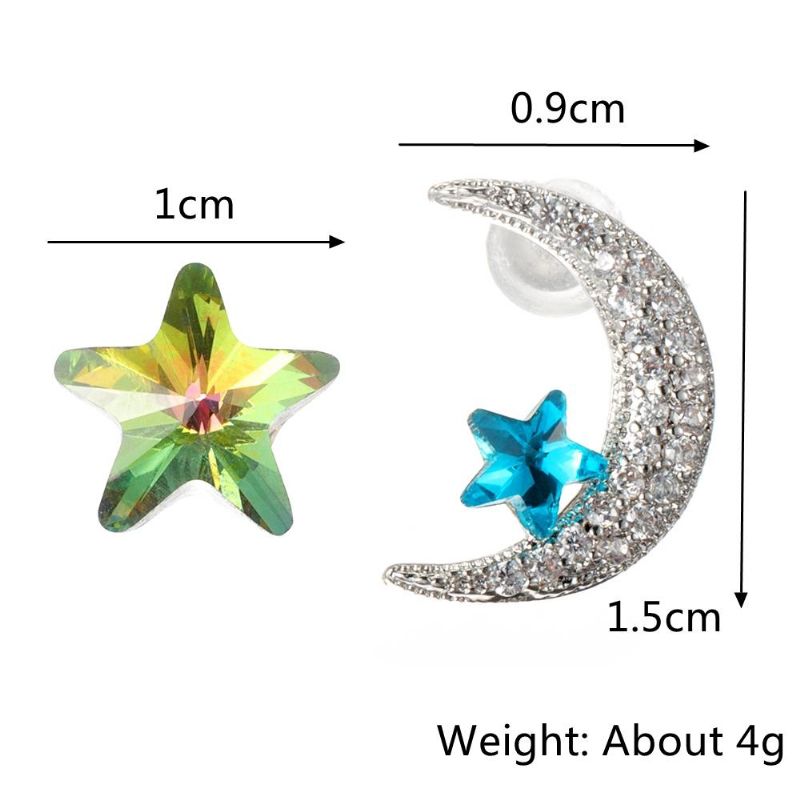 Einzigartiger Asymmetrischer Ohrstecker Luxus Micro Paved Zirconia Crystal Star Moon Piercing Ohrringe