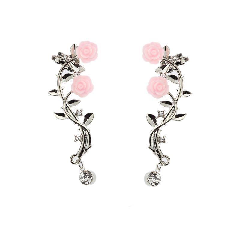 Eleganter Damen-stulpenohrring Mit Rosafarbener Blume Silberfarbene Goldfarbene Piercing-ohrclips