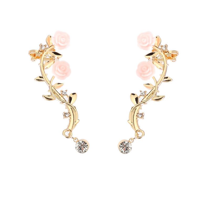 Eleganter Damen-stulpenohrring Mit Rosafarbener Blume Silberfarbene Goldfarbene Piercing-ohrclips