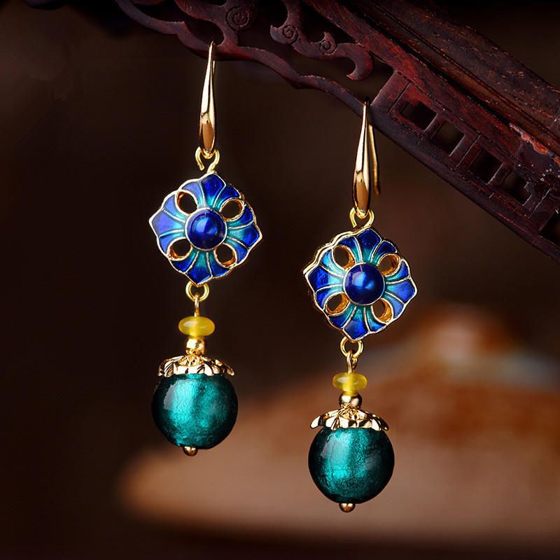 Luxus-retro-ohrringe Cloisonne-blumen-achat-handgemachter Goldohrring Für Frauen-ethno-schmuck