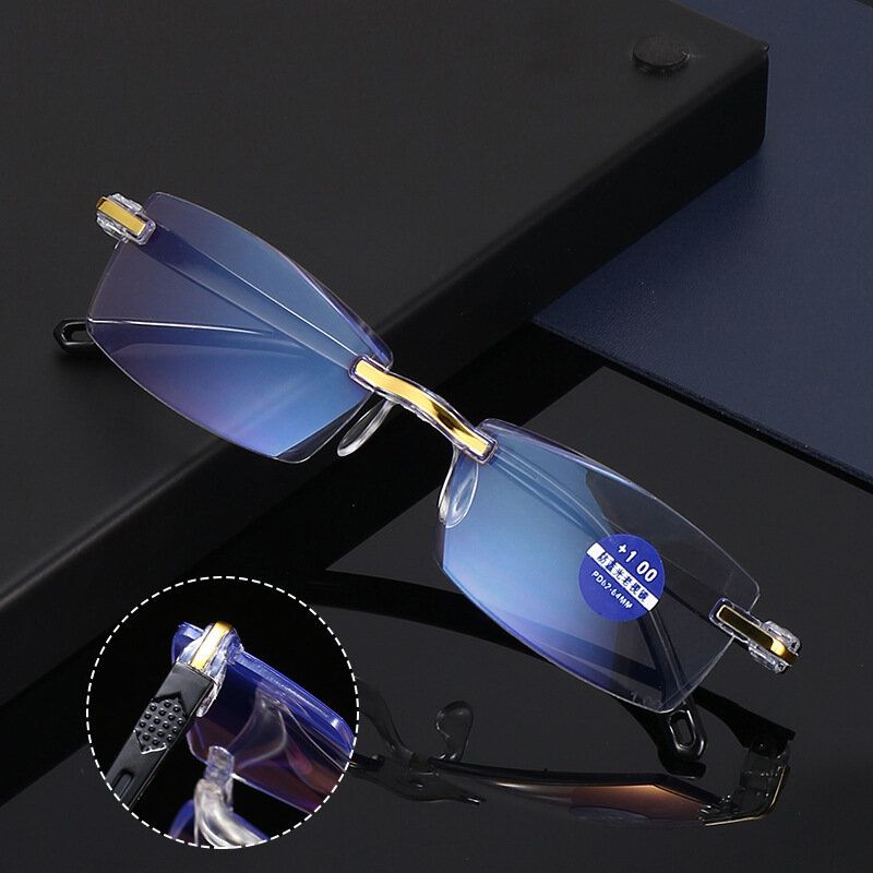 Unisex-lesebrille Mit Anti-blaulicht Rahmenlos Hd-diamantbesatz Lesebrille Mit Doppeltem Verwendungszweck Presbyopie-brille