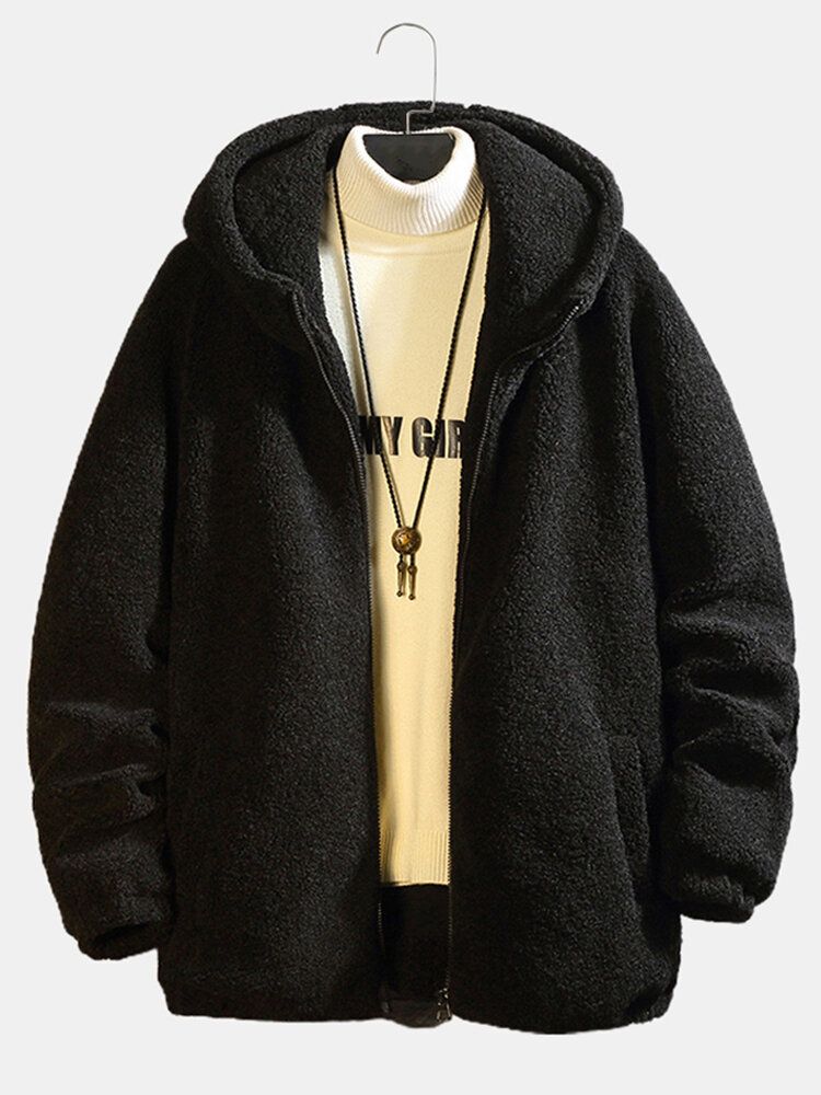 Einfarbige Schräge Tasche Reißverschluss Warme Shearling-jacke Mit Kapuze Für Herren