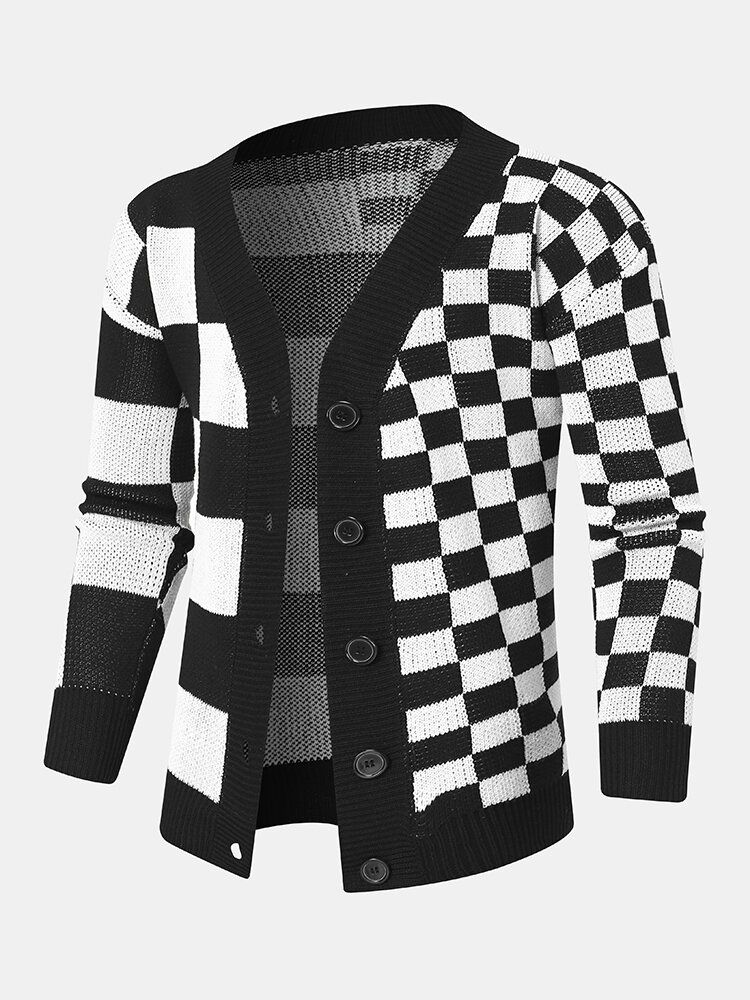 Herren Checkerboard Patchwork Color Block Knitted Lattice Lässige Cardigans