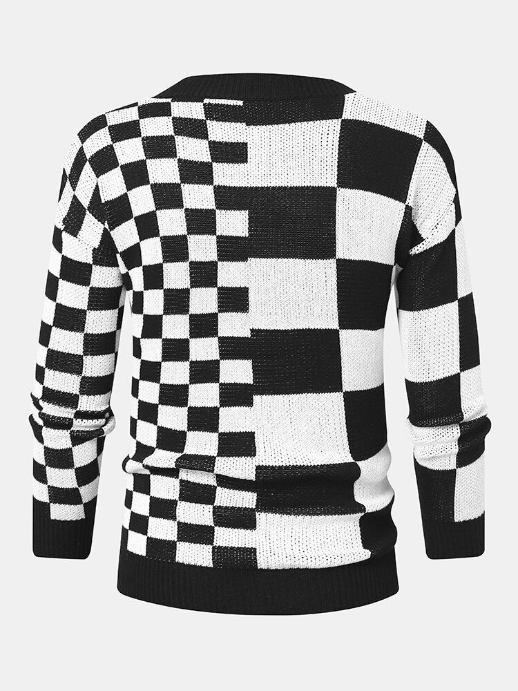 Herren Checkerboard Patchwork Color Block Knitted Lattice Lässige Cardigans