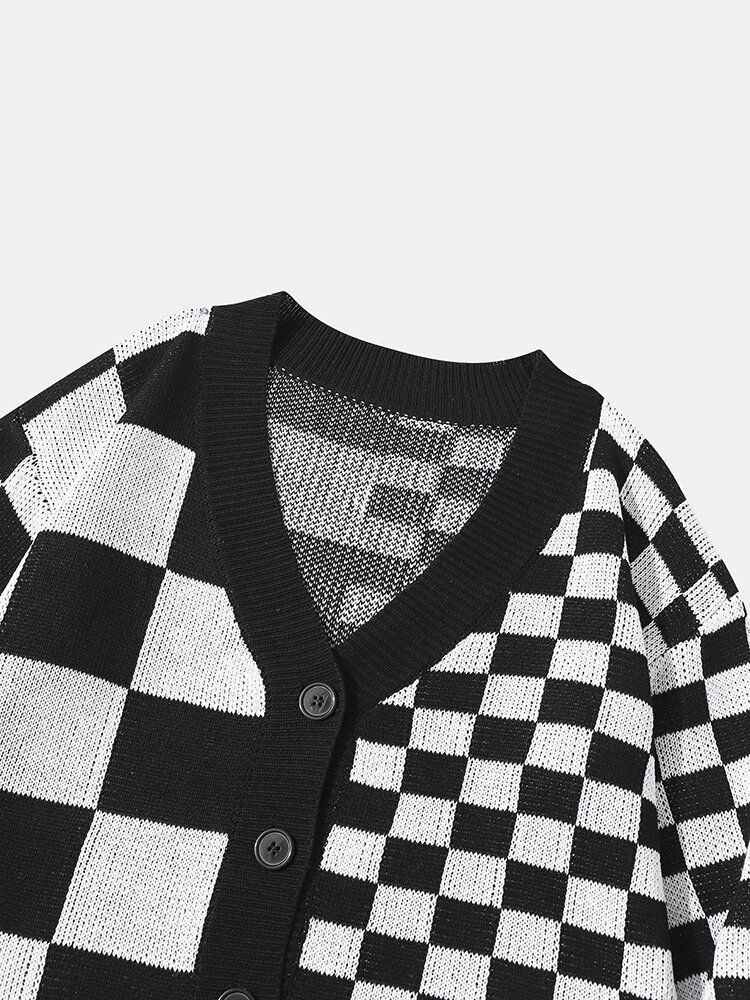 Herren Checkerboard Patchwork Color Block Knitted Lattice Lässige Cardigans