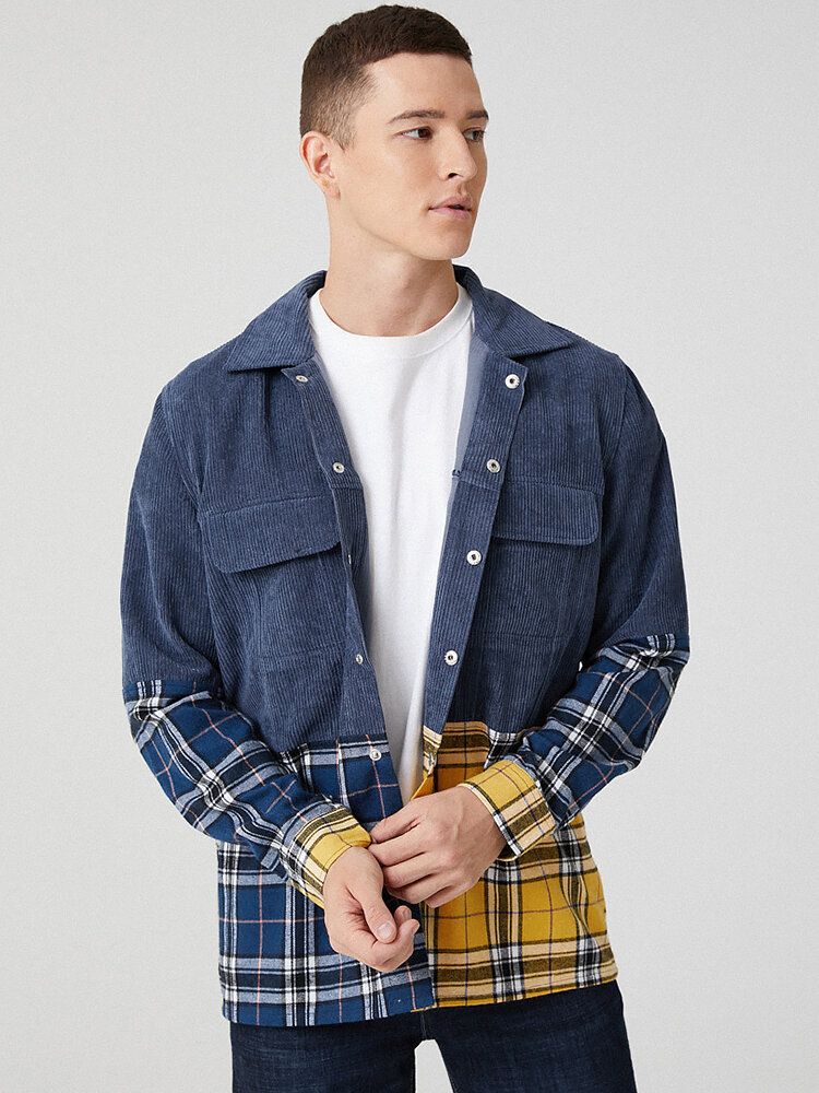 Herren-cord-patchwork-plaid-langarmjacke Mit Doppeltasche