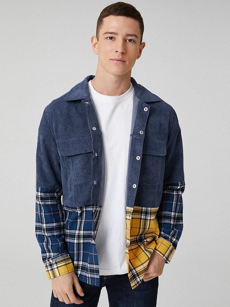 Herren-cord-patchwork-plaid-langarmjacke Mit Doppeltasche