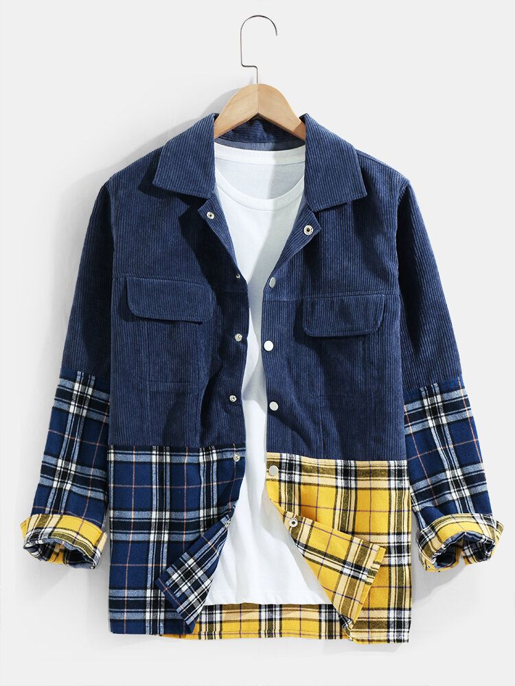 Herren-cord-patchwork-plaid-langarmjacke Mit Doppeltasche