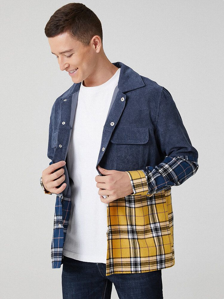 Herren-cord-patchwork-plaid-langarmjacke Mit Doppeltasche