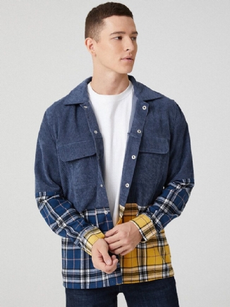 Herren-cord-patchwork-plaid-langarmjacke Mit Doppeltasche