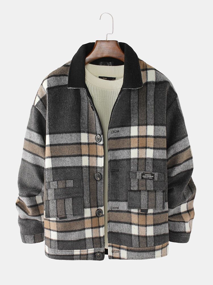 Herren Design Plaid Thicken Langarm Warm Duffle Jacket Mit Tasche