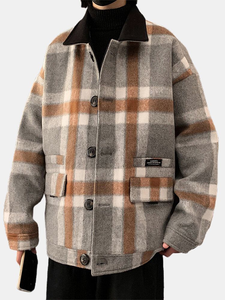 Herren Design Plaid Thicken Langarm Warm Duffle Jacket Mit Tasche