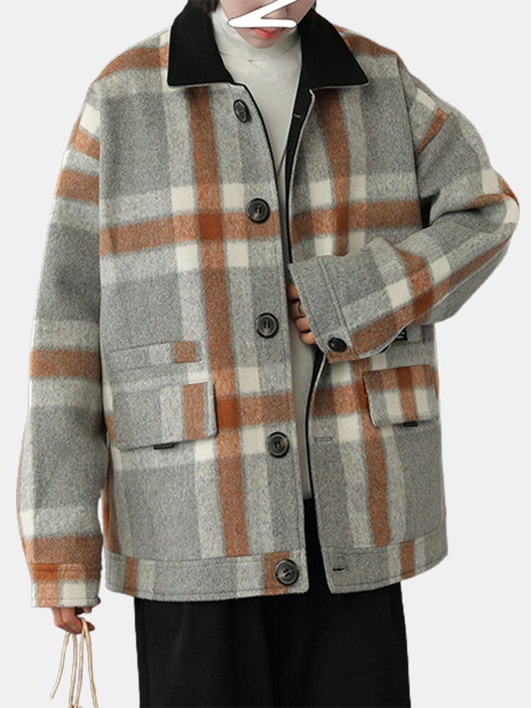 Herren Design Plaid Thicken Langarm Warm Duffle Jacket Mit Tasche