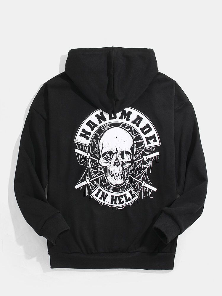 Herren Design Skull Back Print Kängurutasche Schwarz Hoodies