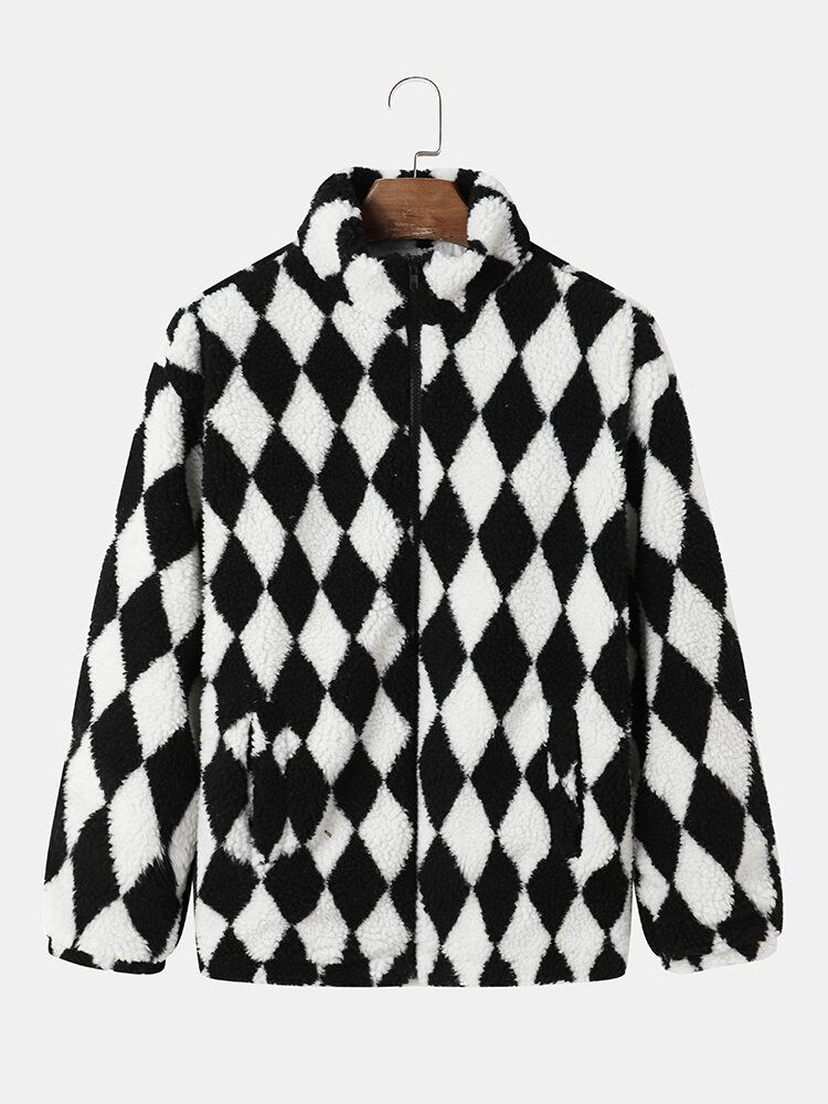 Herren Fleece Checkerboard Seitentasche Frontreißverschluss Freizeitjacken