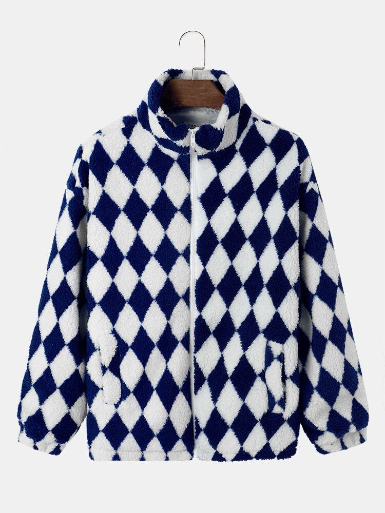 Herren Fleece Checkerboard Seitentasche Frontreißverschluss Freizeitjacken