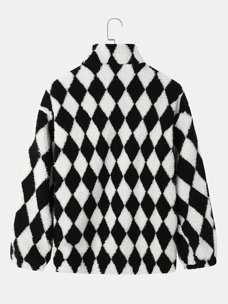 Herren Fleece Checkerboard Seitentasche Frontreißverschluss Freizeitjacken