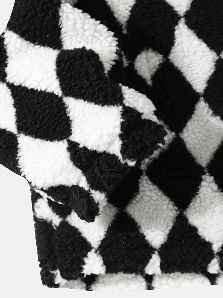 Herren Fleece Checkerboard Seitentasche Frontreißverschluss Freizeitjacken