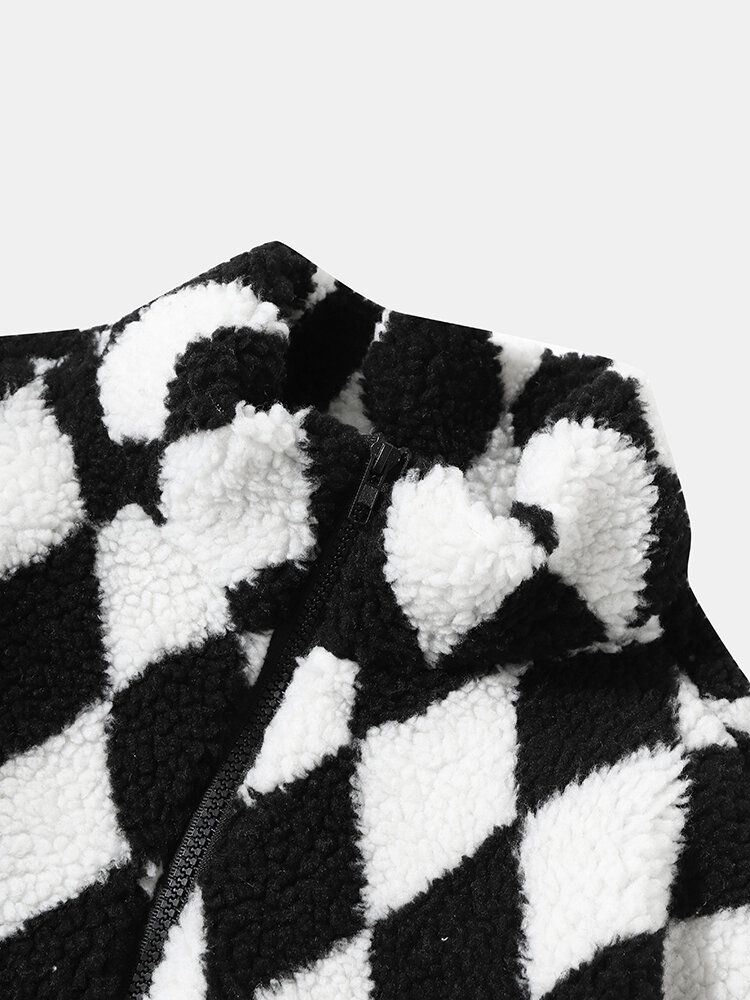 Herren Fleece Checkerboard Seitentasche Frontreißverschluss Freizeitjacken