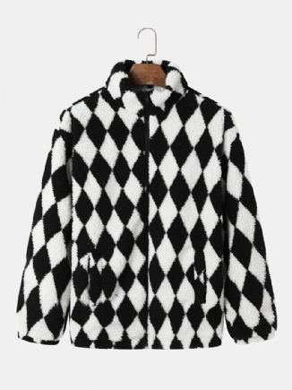 Herren Fleece Checkerboard Seitentasche Frontreißverschluss Freizeitjacken