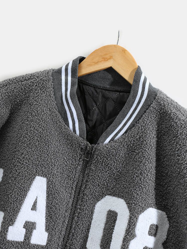 Herren-reißverschluss-baseball-kragen Mit Buchstabenmuster Drop-shoulder-teddyjacke Mit Tasche