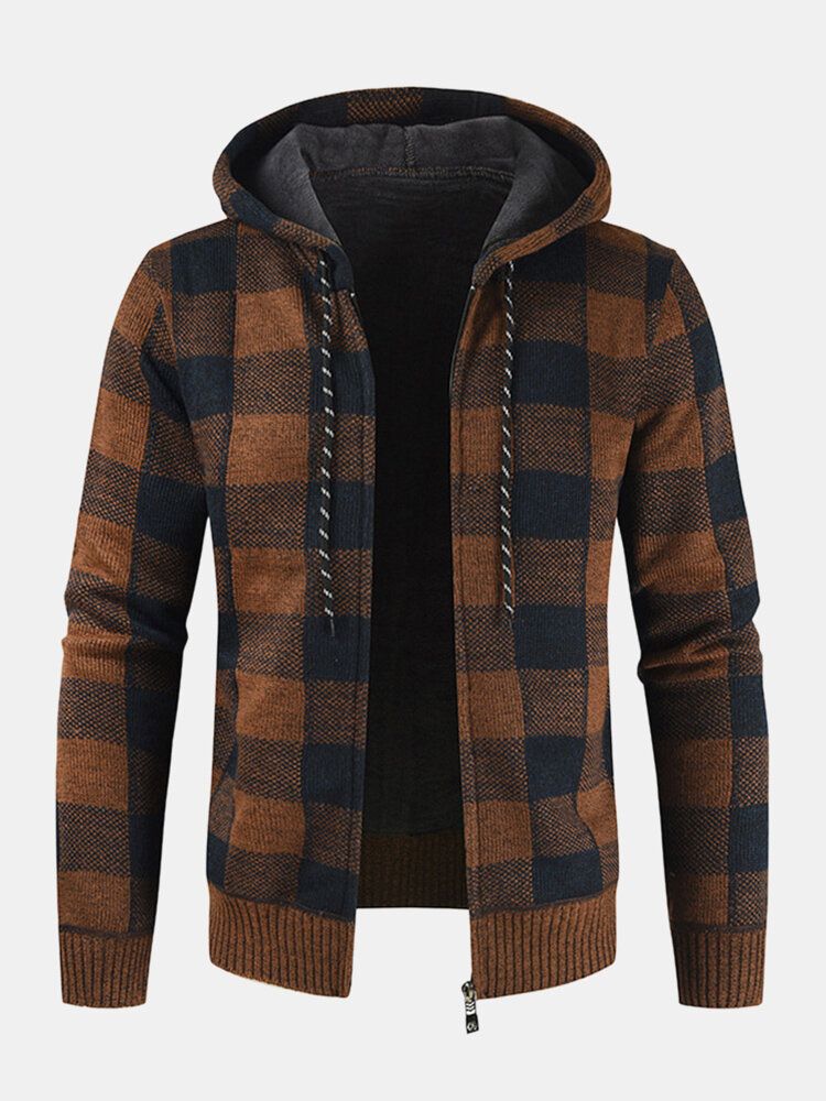 Herren Vintage Karierte Warme Reißverschluss Warme Kapuzenpullover Jacke