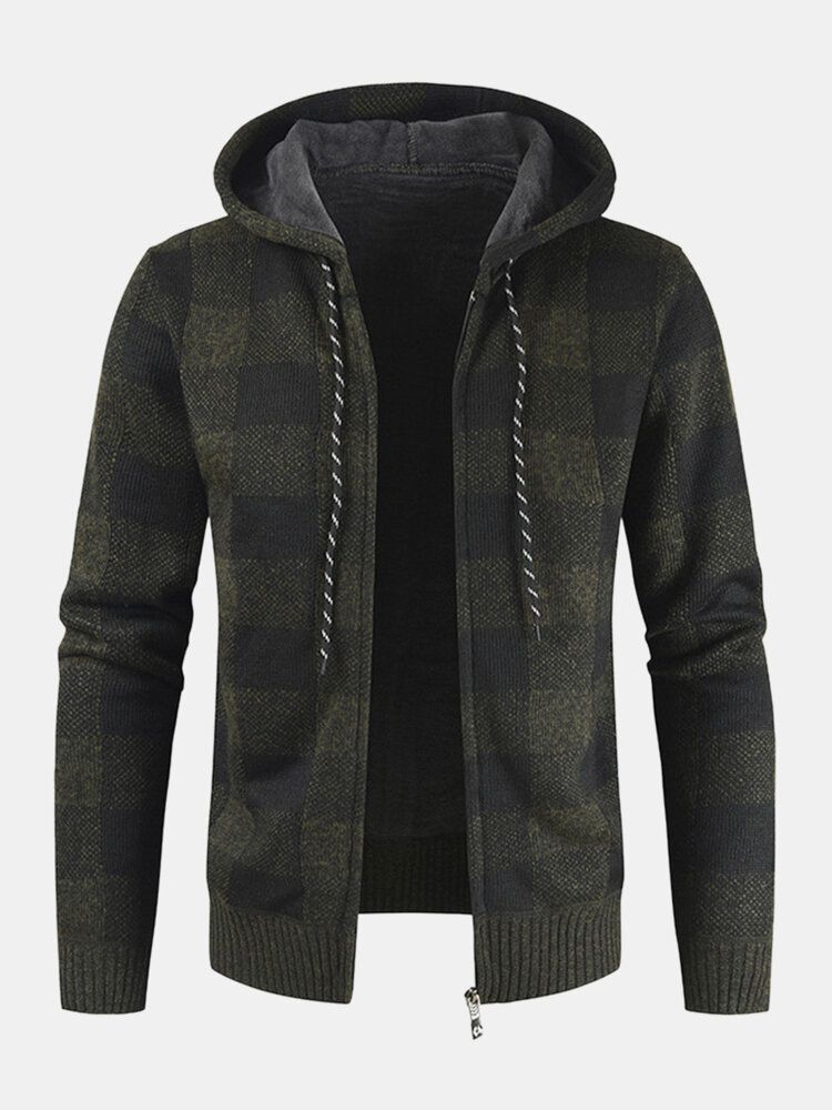 Herren Vintage Karierte Warme Reißverschluss Warme Kapuzenpullover Jacke