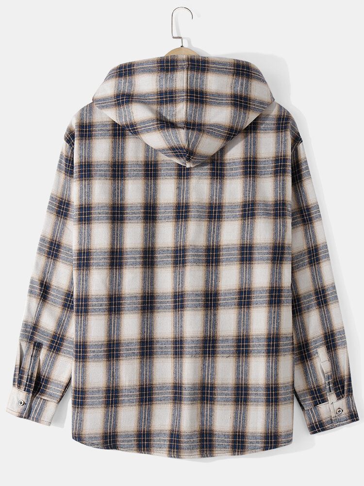 Herren Vintage Plaid Button Up Dicke Warm Gefütterte Kapuzenjacke