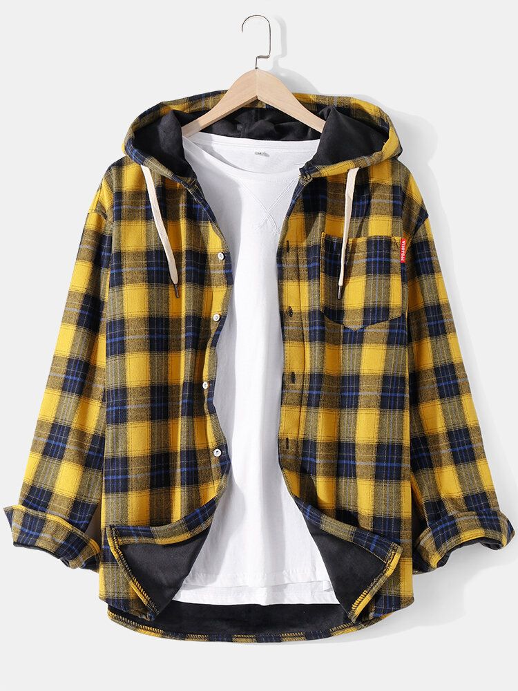 Herren Vintage Plaid Button Up Dicke Warm Gefütterte Kapuzenjacke