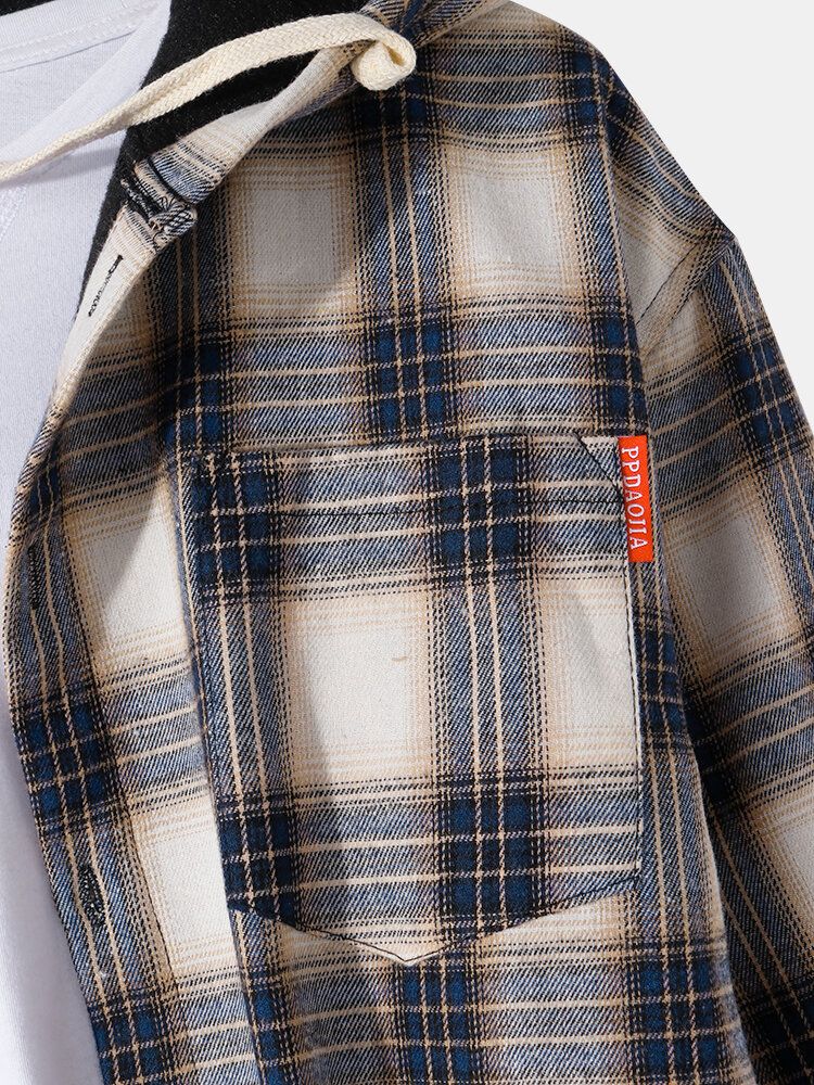 Herren Vintage Plaid Button Up Dicke Warm Gefütterte Kapuzenjacke