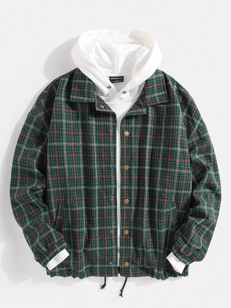 Herren Vintage Plaid Revers Langarmjacke Mit Tasche