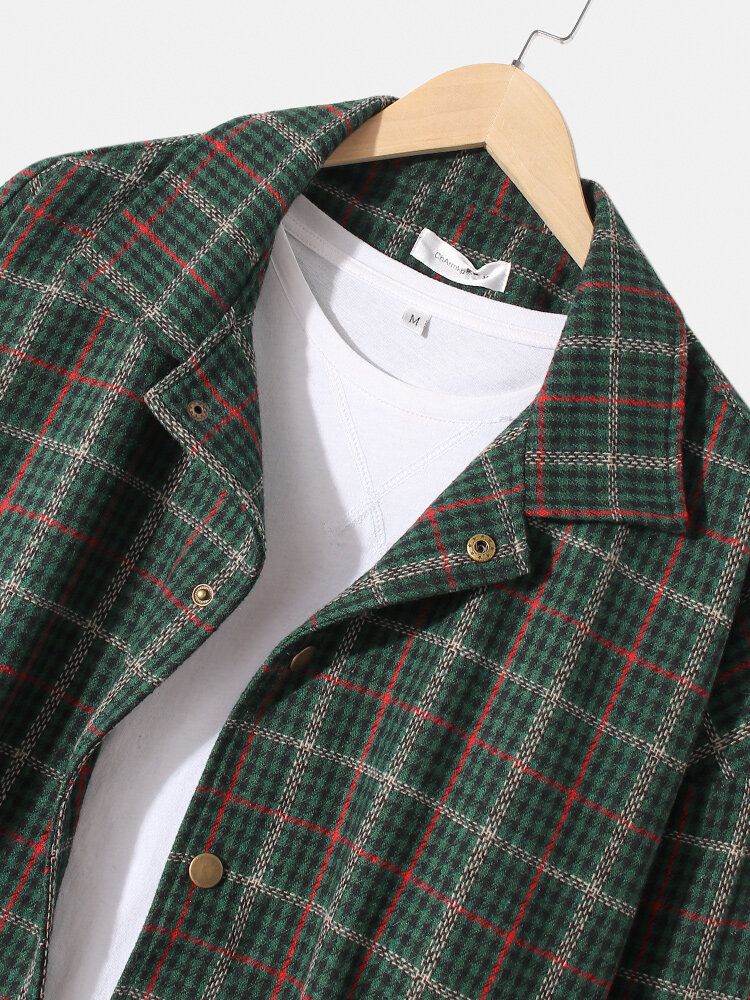 Herren Vintage Plaid Revers Langarmjacke Mit Tasche