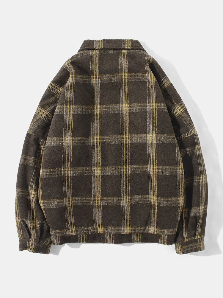 Herren Vintage Plaid Warm Lammwolle Gefütterte Reverstasche Jacke