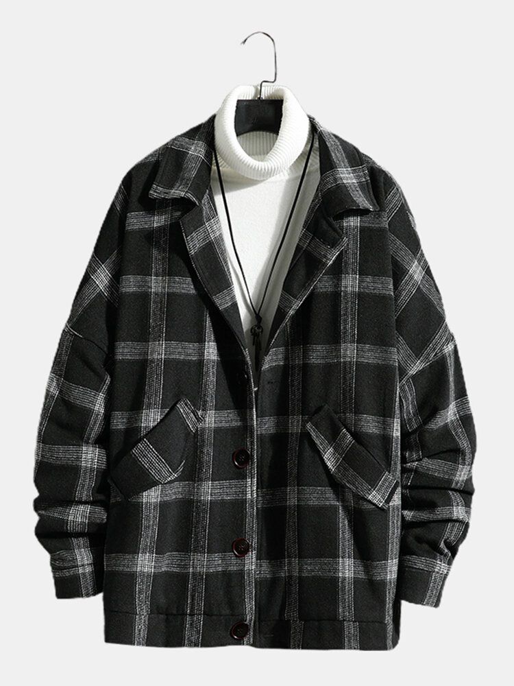 Herren Vintage Plaid Warm Lammwolle Gefütterte Reverstasche Jacke