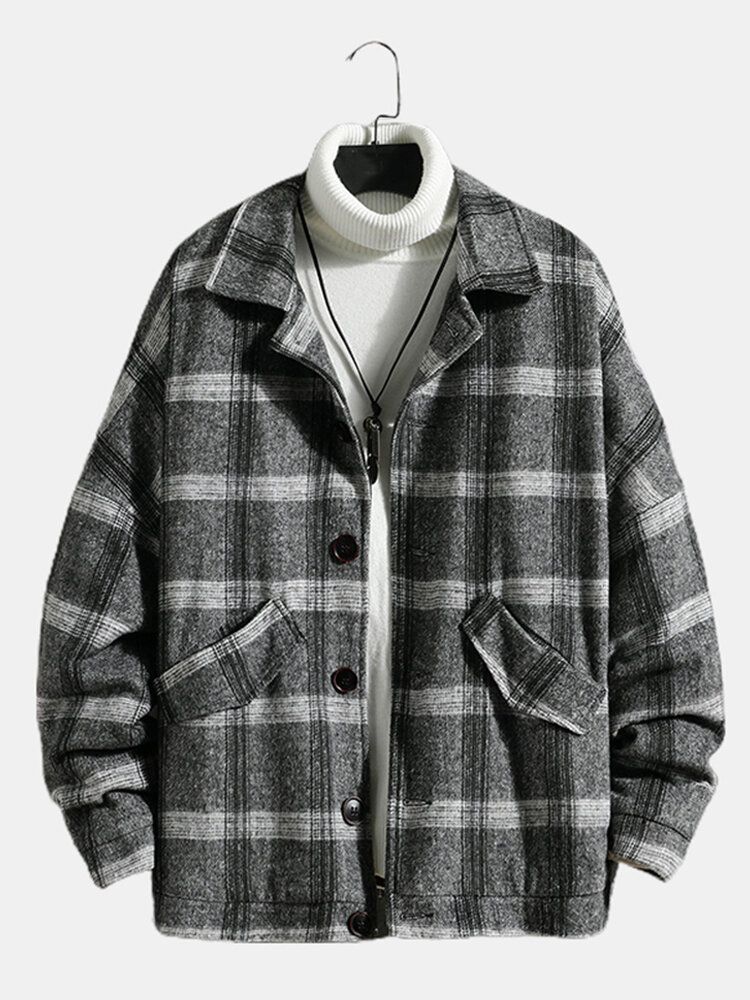 Herren Vintage Plaid Warm Lammwolle Gefütterte Reverstasche Jacke