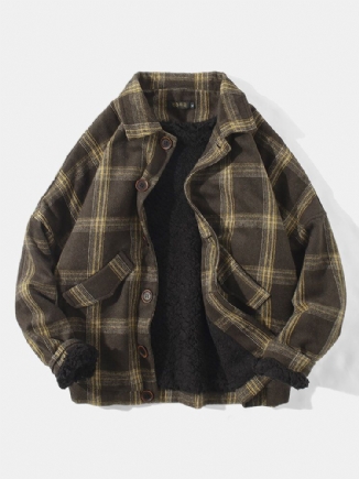 Herren Vintage Plaid Warm Lammwolle Gefütterte Reverstasche Jacke