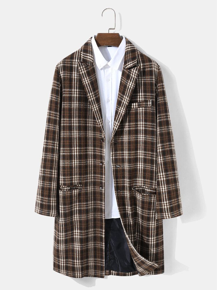 Männer Plaid Woolen Single-breasted Flat Collar Long Trench Pockets Causal Coats