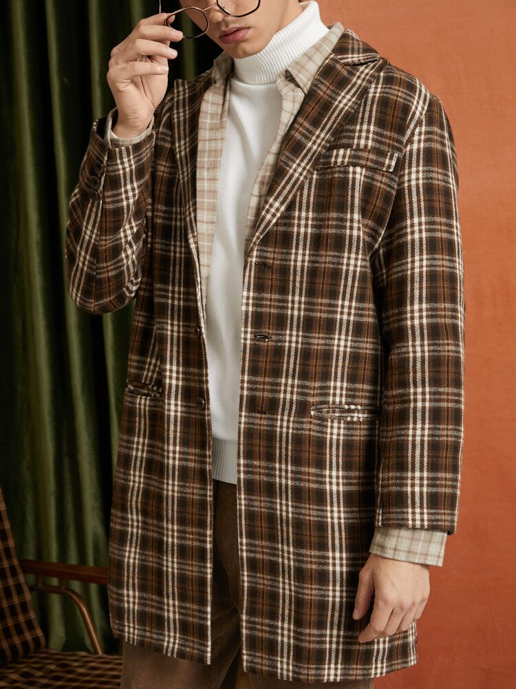 Männer Plaid Woolen Single-breasted Flat Collar Long Trench Pockets Causal Coats