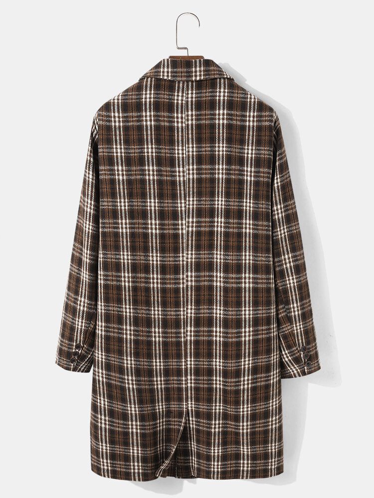 Männer Plaid Woolen Single-breasted Flat Collar Long Trench Pockets Causal Coats