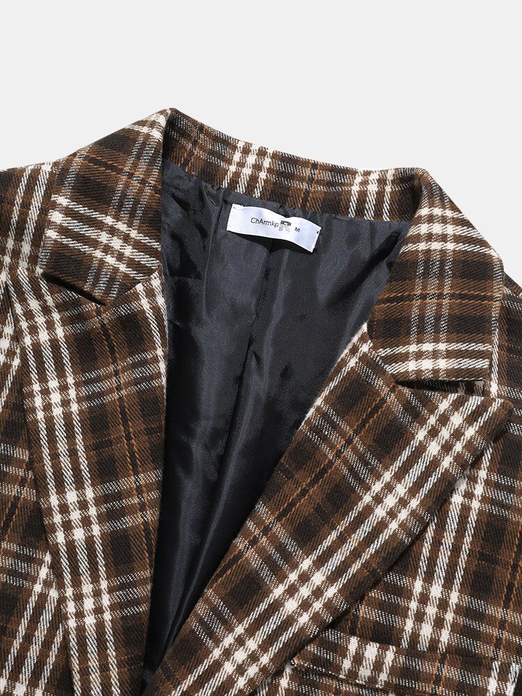 Männer Plaid Woolen Single-breasted Flat Collar Long Trench Pockets Causal Coats