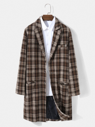 Männer Plaid Woolen Single-breasted Flat Collar Long Trench Pockets Causal Coats